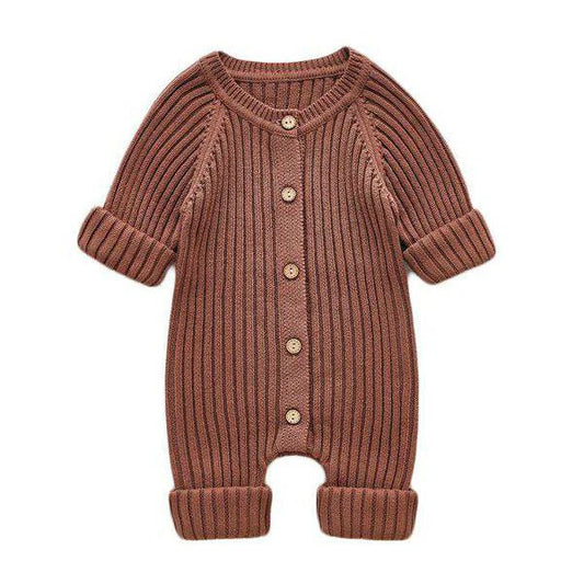 Long Sleeve Knitted Baby Jumpsuit - Wearebambino - Brown - 3 - 6 M - Long Sleeve Knitted Baby Jumpsuit