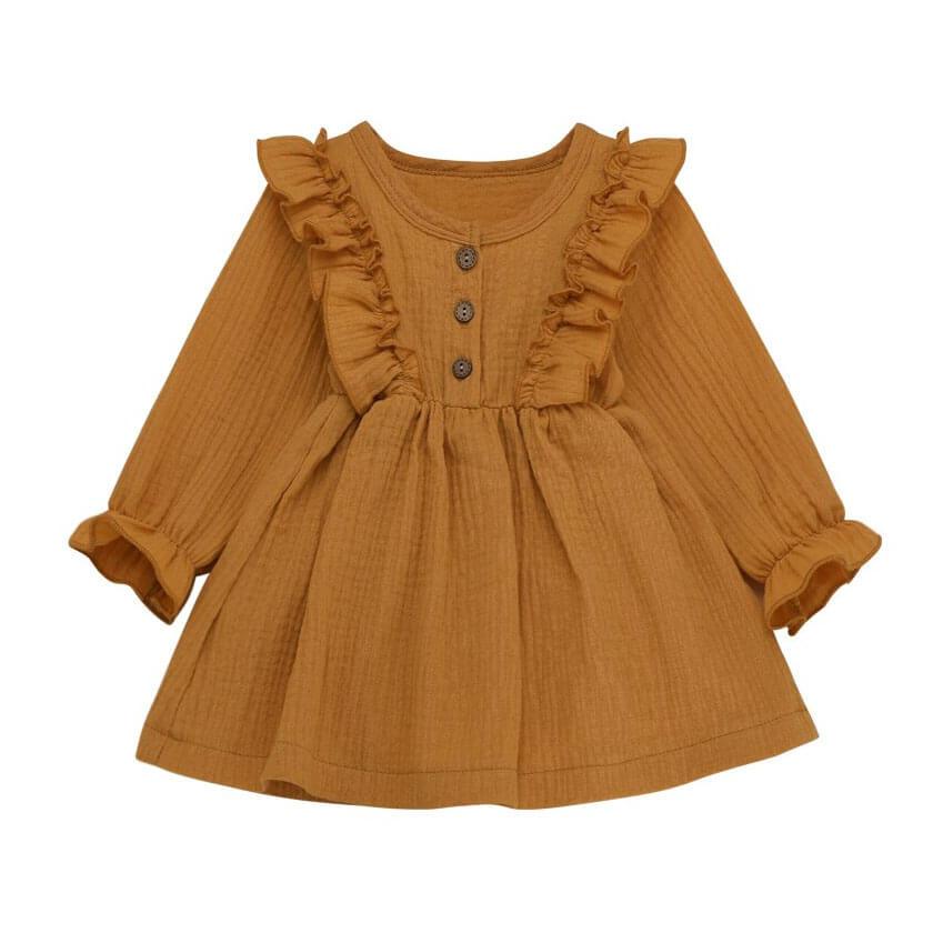 Long Sleeve Ruffled Toddler Dress - Wearebambino - Brown - 2T - Long Sleeve Ruffled Toddler Dress