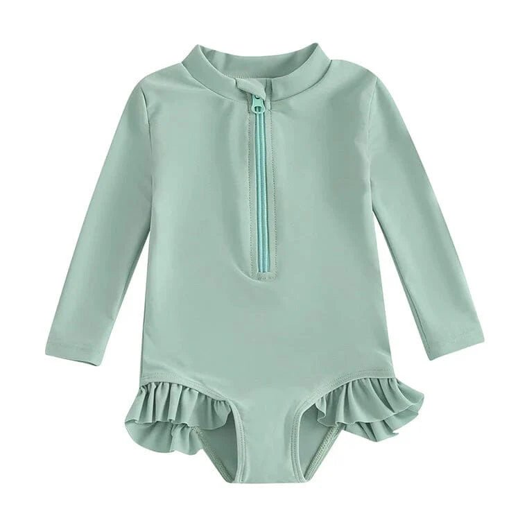 Long Sleeve Ruffles Zipper Toddler Swimsuit - Wearebambino - Green - 9 - 12 M - Long Sleeve Ruffles Zipper Toddler Swimsuit