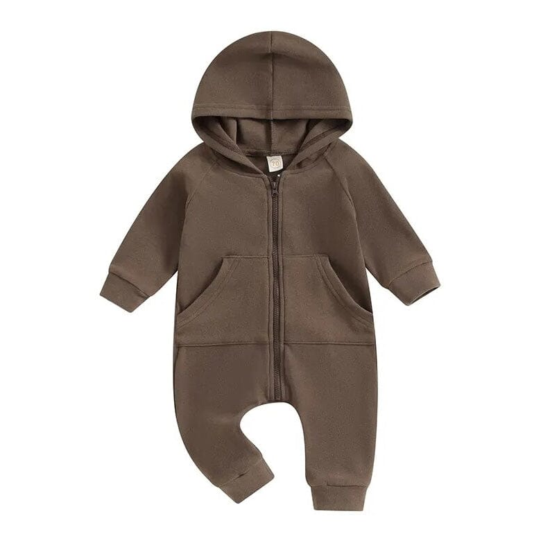 Long Sleeve Solid Hooded Baby Jumpsuit - Wearebambino - Brown - 0 - 3 M - Long Sleeve Solid Hooded Baby Jumpsuit