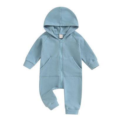 Long Sleeve Solid Hooded Baby Jumpsuit - Wearebambino - Blue - 0 - 3 M - Long Sleeve Solid Hooded Baby Jumpsuit