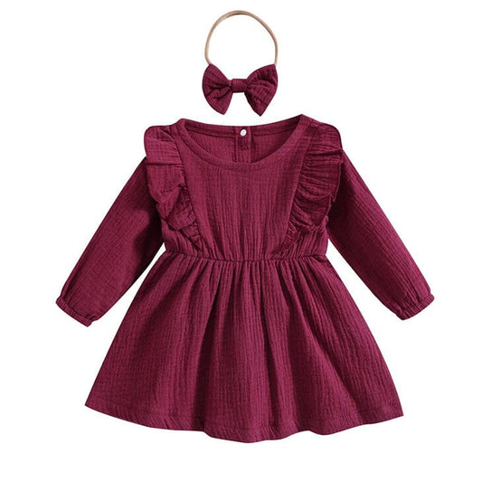 Long Sleeve Solid Ruffles Toddler Dress - Wearebambino - Red - 9 - 12 M - Long Sleeve Solid Ruffles Toddler Dress