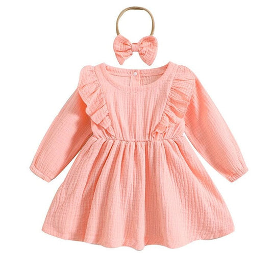 Long Sleeve Solid Ruffles Toddler Dress - Wearebambino - Pink - 9 - 12 M - Long Sleeve Solid Ruffles Toddler Dress