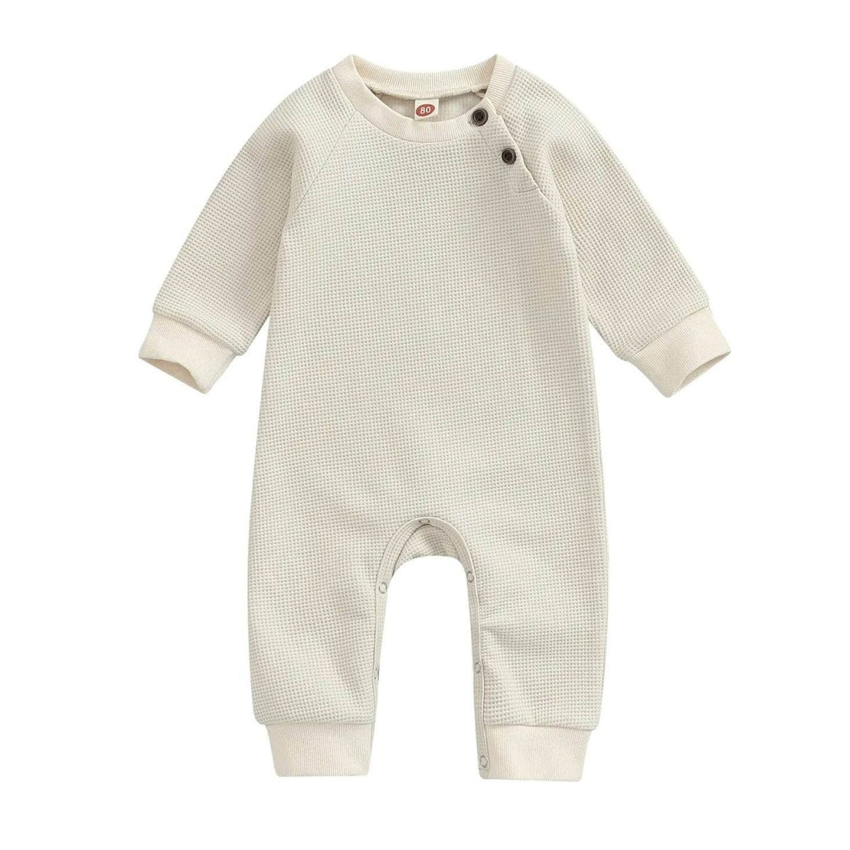 Long Sleeve Solid Waffle Baby Jumpsuit - Wearebambino - Beige - 0 - 3 M - Long Sleeve Solid Waffle Baby Jumpsuit