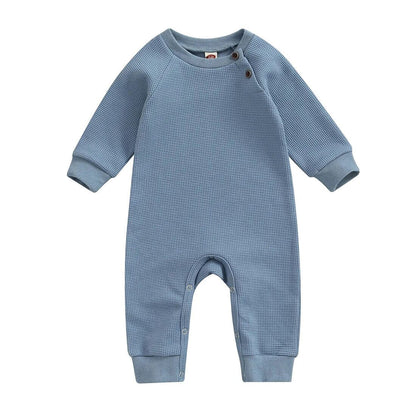 Long Sleeve Solid Waffle Baby Jumpsuit - Wearebambino - Blue - 0 - 3 M - Long Sleeve Solid Waffle Baby Jumpsuit