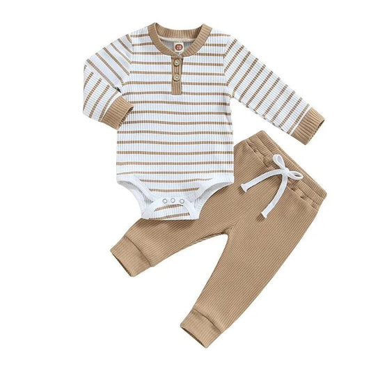 Long Sleeve Striped Baby Set - Wearebambino - Khaki - 0 - 3 M - Long Sleeve Striped Baby Set