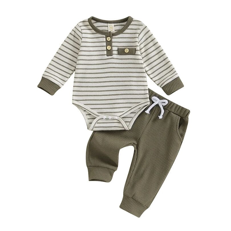 Long Sleeve Striped Waffle Baby Set - Wearebambino - Green - 0 - 3 M - Long Sleeve Striped Waffle Baby Set