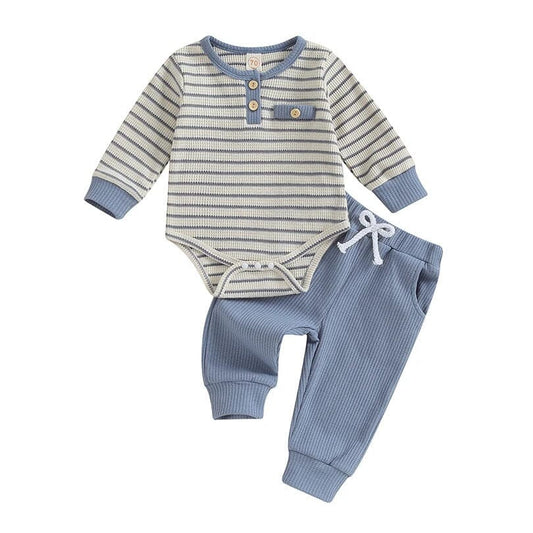 Long Sleeve Striped Waffle Baby Set - Wearebambino - Blue - 0 - 3 M - Long Sleeve Striped Waffle Baby Set