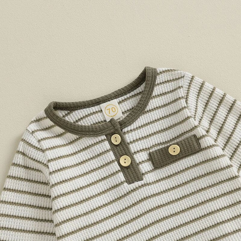 Long Sleeve Striped Waffle Baby Set - Wearebambino - Beige - 0 - 3 M - Long Sleeve Striped Waffle Baby Set