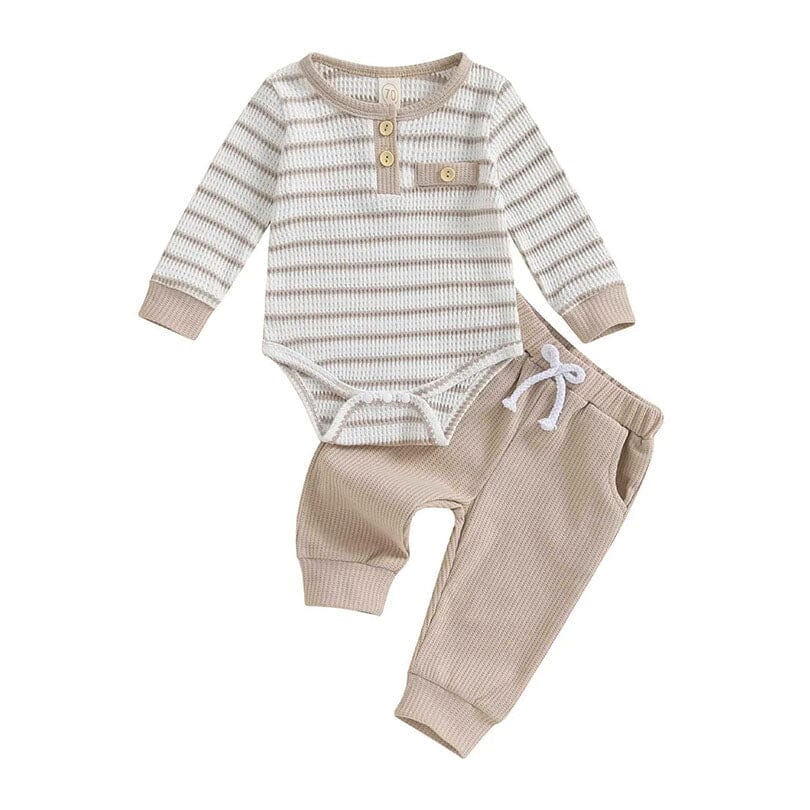 Long Sleeve Striped Waffle Baby Set - Wearebambino - Beige - 0 - 3 M - Long Sleeve Striped Waffle Baby Set