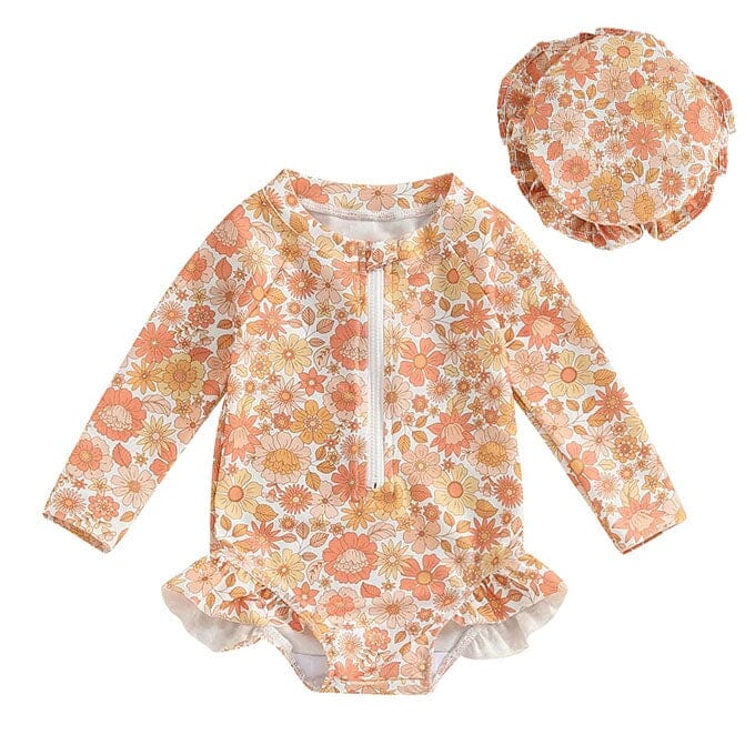 Long Sleeve Zipper Floral Toddler Swimsuit - Wearebambino - 6 - 9 M - Long Sleeve Zipper Floral Toddler Swimsuit