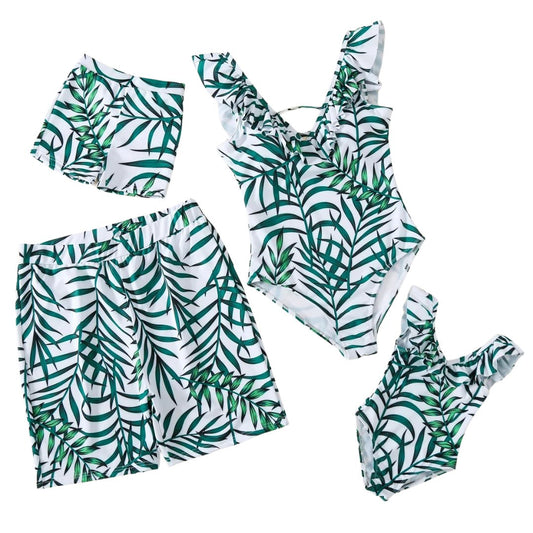 Matching Leaf Print Family Swimsuit with Ruffles - Wearebambino - Green - Baby 6 - 9M - Matching Leaf Print Family Swimsuit with Ruffles