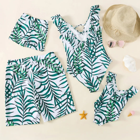 Matching Leaf Print Family Swimsuit with Ruffles - Wearebambino - Green - Baby 6 - 9M - Matching Leaf Print Family Swimsuit with Ruffles