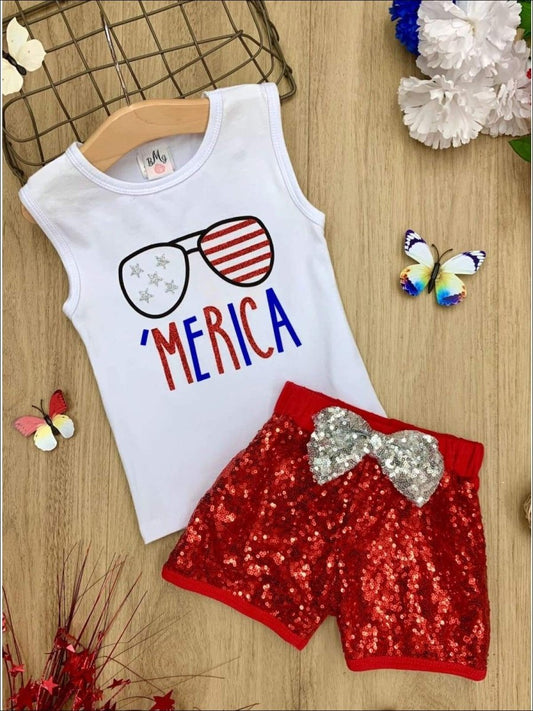 Merica Top and Sequin Bow Short Set - Wearebambino - Red - 2T - Merica Top and Sequin Bow Short Set