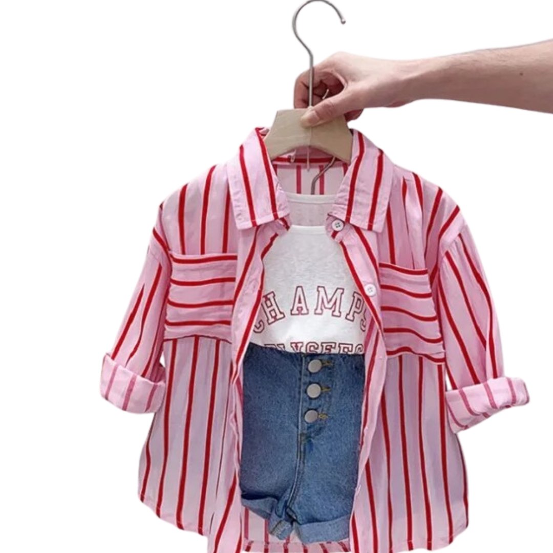 Mini Mix: Stripe Shirt, Vest & Jeans Shorts - Wearebambino - Pink - 3Y (100cm - 39.5in) - Mini Mix: Stripe Shirt, Vest & Jeans Shorts