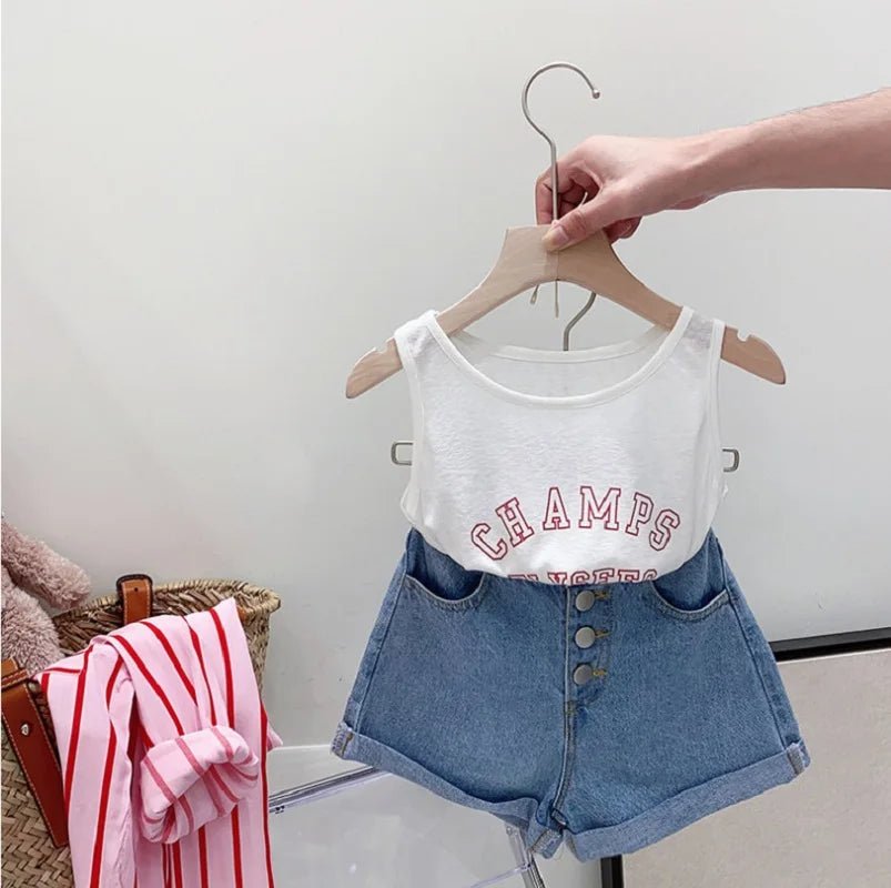 Mini Mix: Stripe Shirt, Vest & Jeans Shorts - Wearebambino - Pink - 3Y (100cm - 39.5in) - Mini Mix: Stripe Shirt, Vest & Jeans Shorts