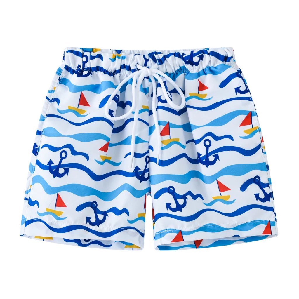 Nautical Waves: Boys' Sailboat Swim Shorts - Wearebambino - Cerulean - 4Y (110cm - 43.5in) - Nautical Waves: Boys' Sailboat Swim Shorts