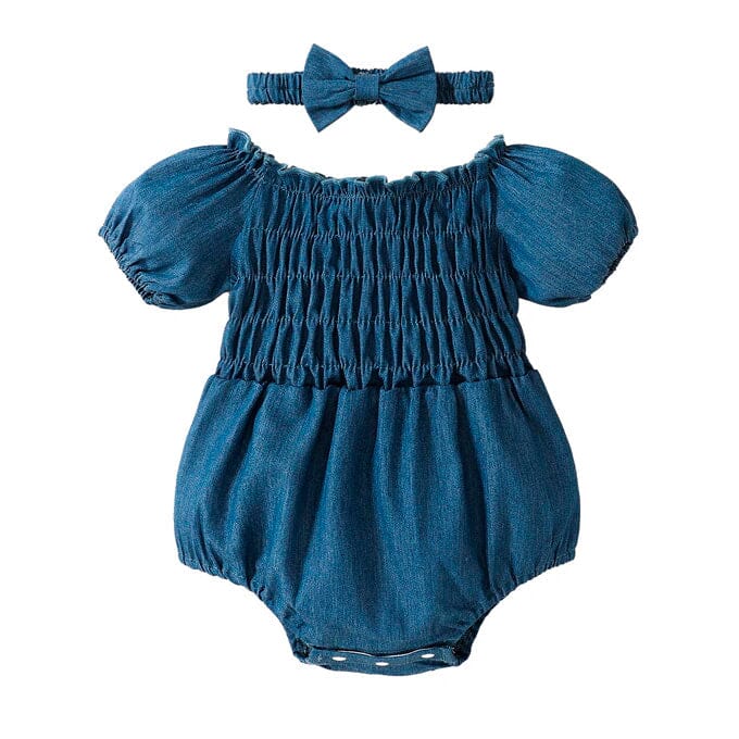 Off Shoulder Denim Baby Romper - Wearebambino - 0 - 3 M - Off Shoulder Denim Baby Romper