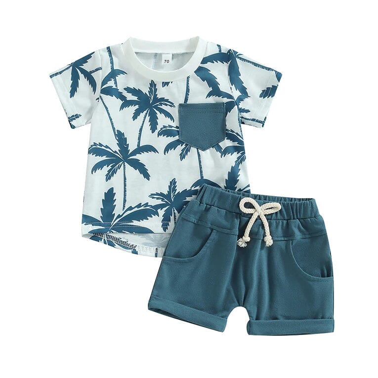 Palm Trees Blue Shorts Baby Set - Wearebambino - 3 - 6 M - Palm Trees Blue Shorts Baby Set