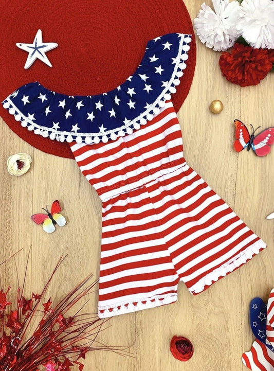 Patriotic Pom Pom Striped Romper - Wearebambino - Multicolor - 3T - Patriotic Pom Pom Striped Romper