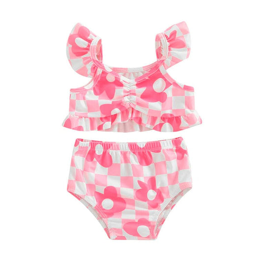 Pink Floral Checkered Baby Swimsuit - Wearebambino - 6 - 9 M - Pink Floral Checkered Baby Swimsuit