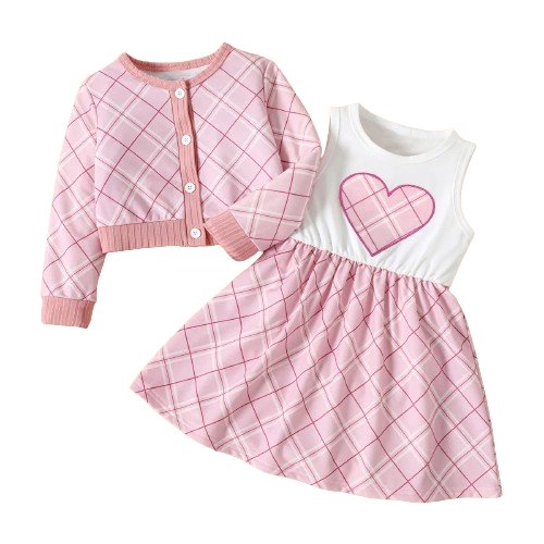 Plaid Coat & Dress Set - Wearebambino - Pink - 2Y (90cm - 35.5in) - Plaid Coat & Dress Set