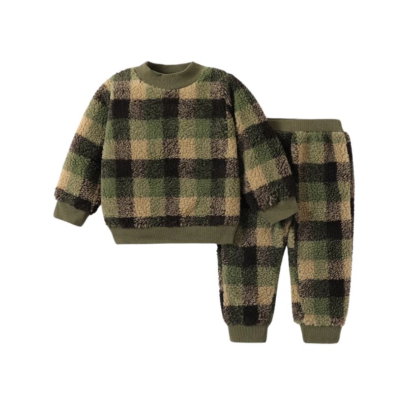 Plaid Cozy Pullover Set - Wearebambino - Army green - 18 - 24 M - Plaid Cozy Pullover Set