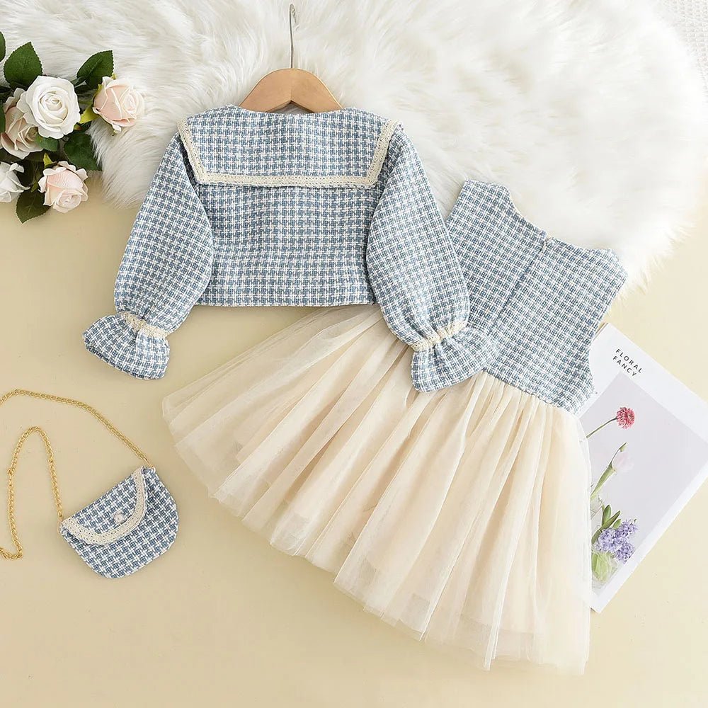 Plaid Vest Dress & Retro Outwear Coat Set - Wearebambino - Light Blue - 2T - Plaid Vest Dress & Retro Outwear Coat Set