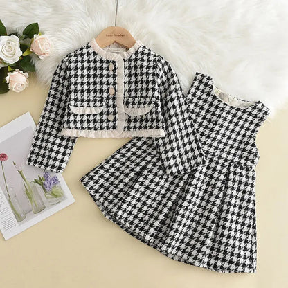 Plaid Vest Dress & Retro Outwear Coat Set - Wearebambino - All Blue - 2T - Plaid Vest Dress & Retro Outwear Coat Set