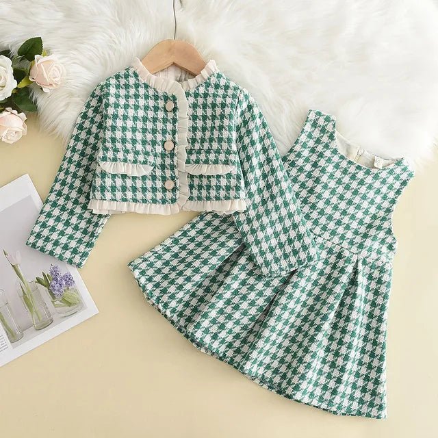 Plaid Vest Dress & Retro Outwear Coat Set - Wearebambino - Light Green - 2T - Plaid Vest Dress & Retro Outwear Coat Set