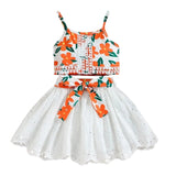 Princess Lace Hollow Half Skirt Sling Top Set - Wearebambino - Orange Flowers - 2T - Princess Lace Hollow Half Skirt Sling Top Set