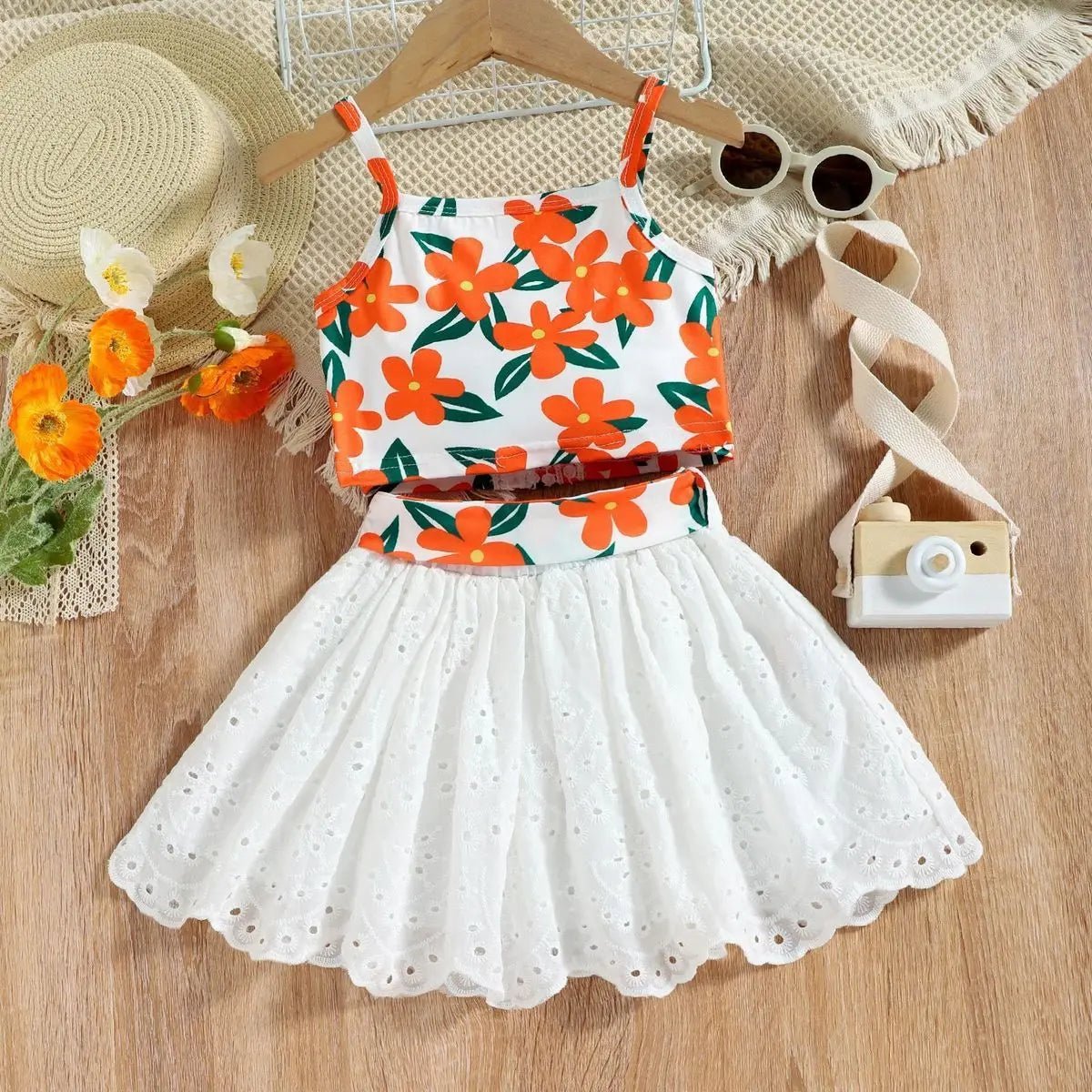 Princess Lace Hollow Half Skirt Sling Top Set - Wearebambino - Orange Flowers - 2T - Princess Lace Hollow Half Skirt Sling Top Set