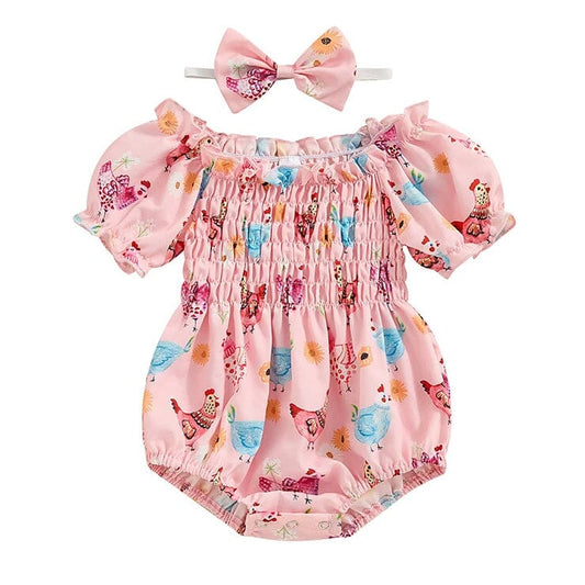 Puff Sleeve Floral Chicken Baby Romper - Wearebambino - 3 - 6 M - Puff Sleeve Floral Chicken Baby Romper