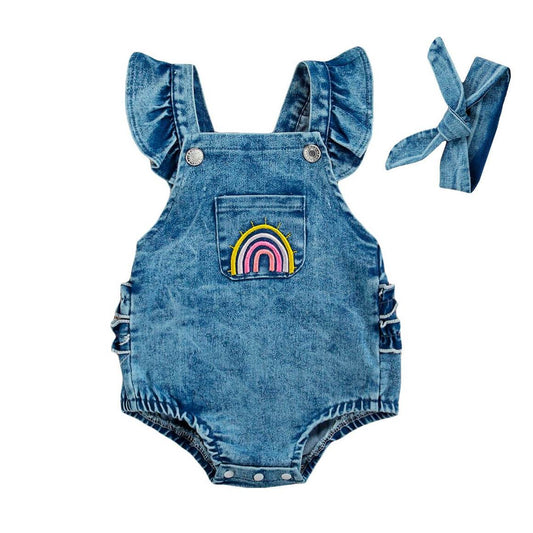 Rainbow Denim Baby Romper - Wearebambino - 0 - 3 M - Rainbow Denim Baby Romper