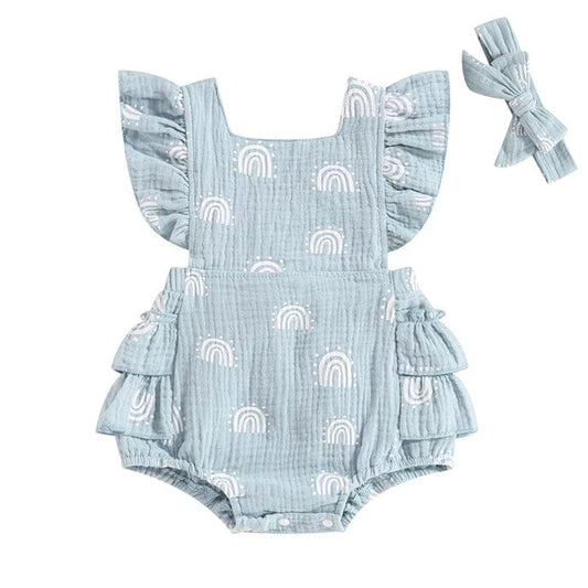 Rainbow Linen Ruffled Baby Romper - Wearebambino - Blue - 3 - 6 M - Rainbow Linen Ruffled Baby Romper