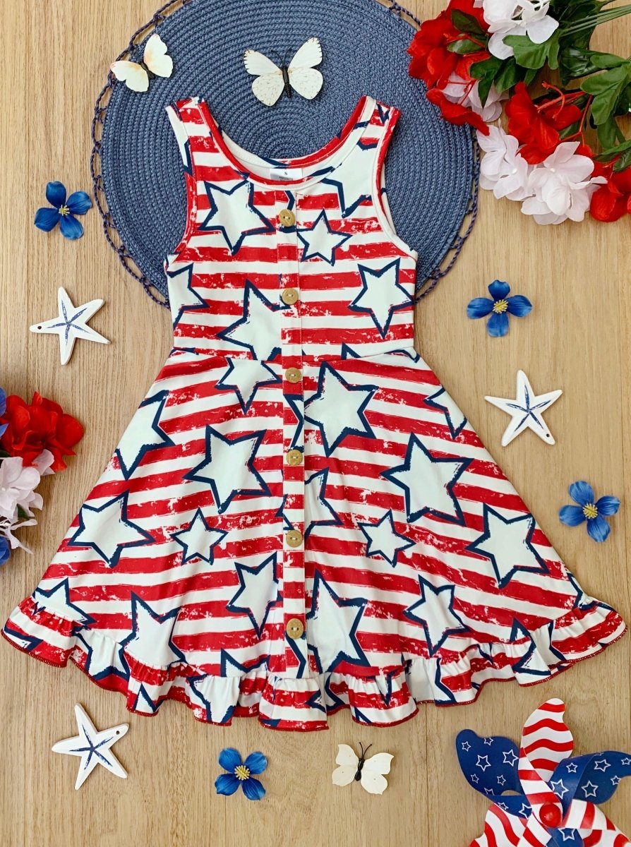 She Loves Stars and Stripes Ruffle Hem Sundress - Wearebambino - Red - 2T - She Loves Stars and Stripes Ruffle Hem Sundress