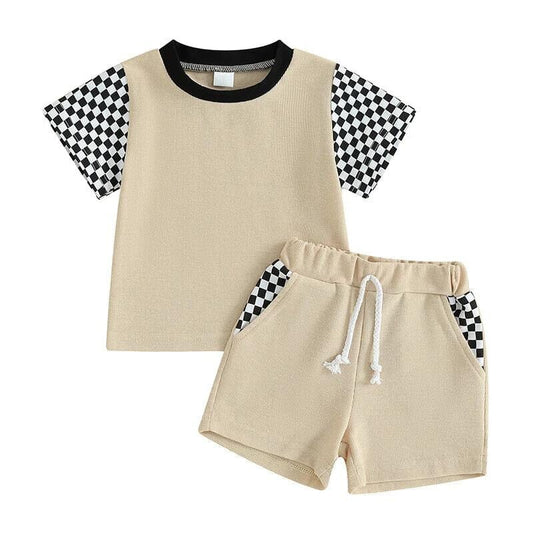 Short Sleeve Beige Checkered Baby Set - Wearebambino - 3 - 6 M - Short Sleeve Beige Checkered Baby Set