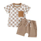 Short Sleeve Checkered Palms Baby Set - Wearebambino - Khaki - 3 - 6 M - Short Sleeve Checkered Palms Baby Set