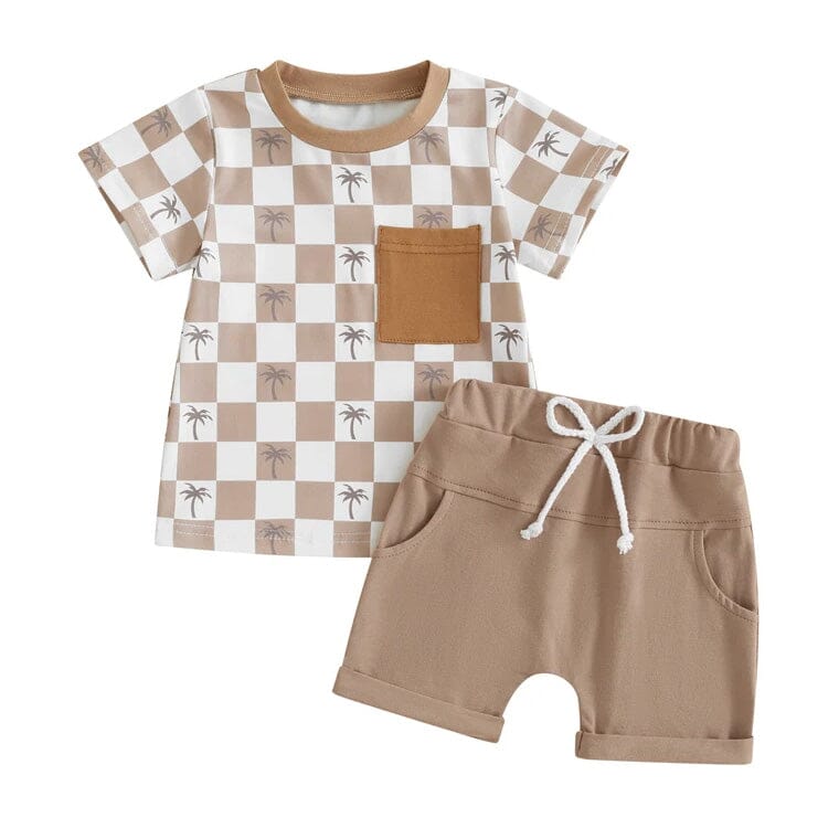 Short Sleeve Checkered Palms Baby Set - Wearebambino - Khaki - 3 - 6 M - Short Sleeve Checkered Palms Baby Set