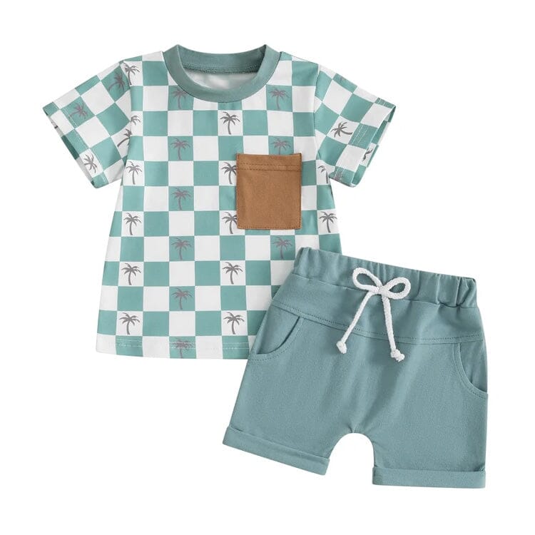 Short Sleeve Checkered Palms Baby Set - Wearebambino - Blue - 3 - 6 M - Short Sleeve Checkered Palms Baby Set