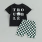 Short Sleeve Checkered Trouble Baby Set - Wearebambino - 3 - 6 M - Short Sleeve Checkered Trouble Baby Set