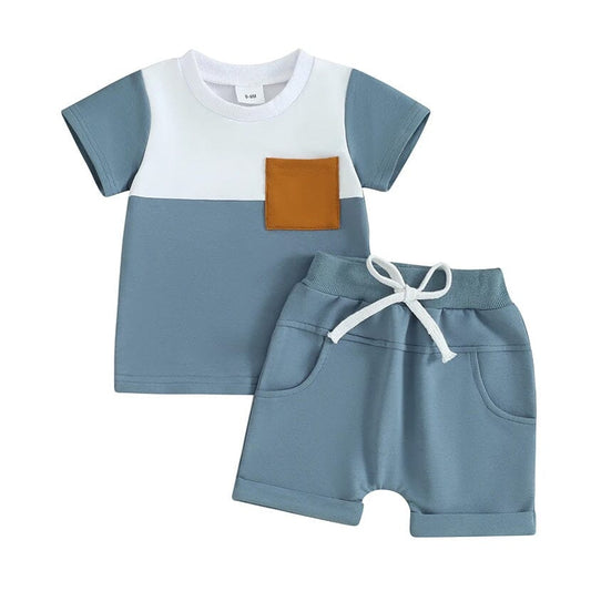 Short Sleeve Color Block Baby Set - Wearebambino - Blue - 3 - 6 M - Short Sleeve Color Block Baby Set