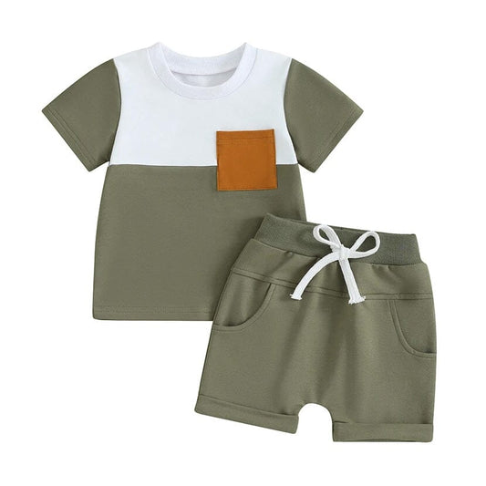 Short Sleeve Color Block Baby Set - Wearebambino - Green - 3 - 6 M - Short Sleeve Color Block Baby Set