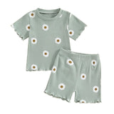 Short Sleeve Daisy Ribbed Toddler Set - Wearebambino - 9 - 12 M - Short Sleeve Daisy Ribbed Toddler Set