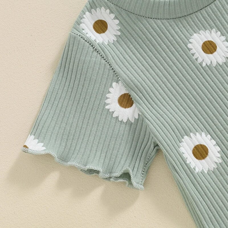 Short Sleeve Daisy Ribbed Toddler Set - Wearebambino - 9 - 12 M - Short Sleeve Daisy Ribbed Toddler Set