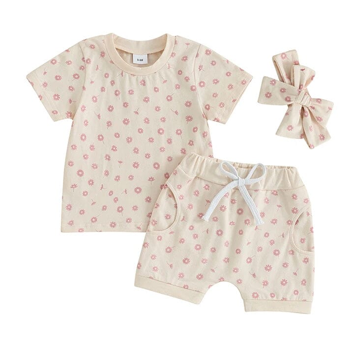 Short Sleeve Floral Shorts Baby Set - Wearebambino - Beige - 3 - 6 M - Short Sleeve Floral Shorts Baby Set