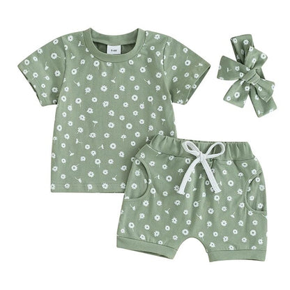 Short Sleeve Floral Shorts Baby Set - Wearebambino - Green - 3 - 6 M - Short Sleeve Floral Shorts Baby Set