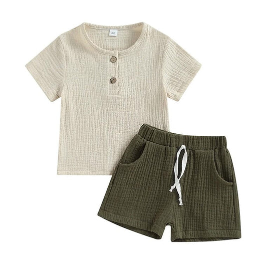 Short Sleeve Linen Shorts Toddler Set - Wearebambino - 9 - 12 M - Short Sleeve Linen Shorts Toddler Set