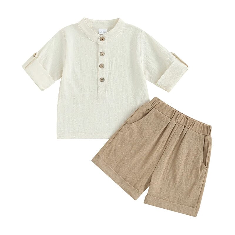 Short Sleeve Linen Toddler Set - Wearebambino - Brown - 9 - 12 M - Short Sleeve Linen Toddler Set