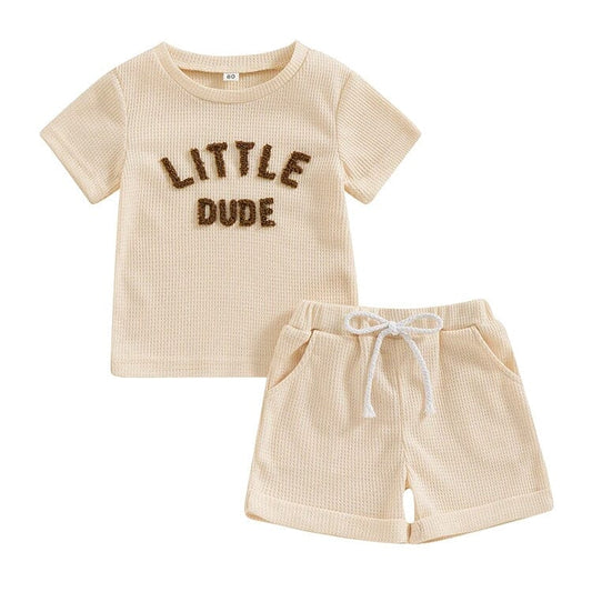 Short Sleeve Little Dude Toddler Set - Wearebambino - Beige - 9 - 12 M - Short Sleeve Little Dude Toddler Set